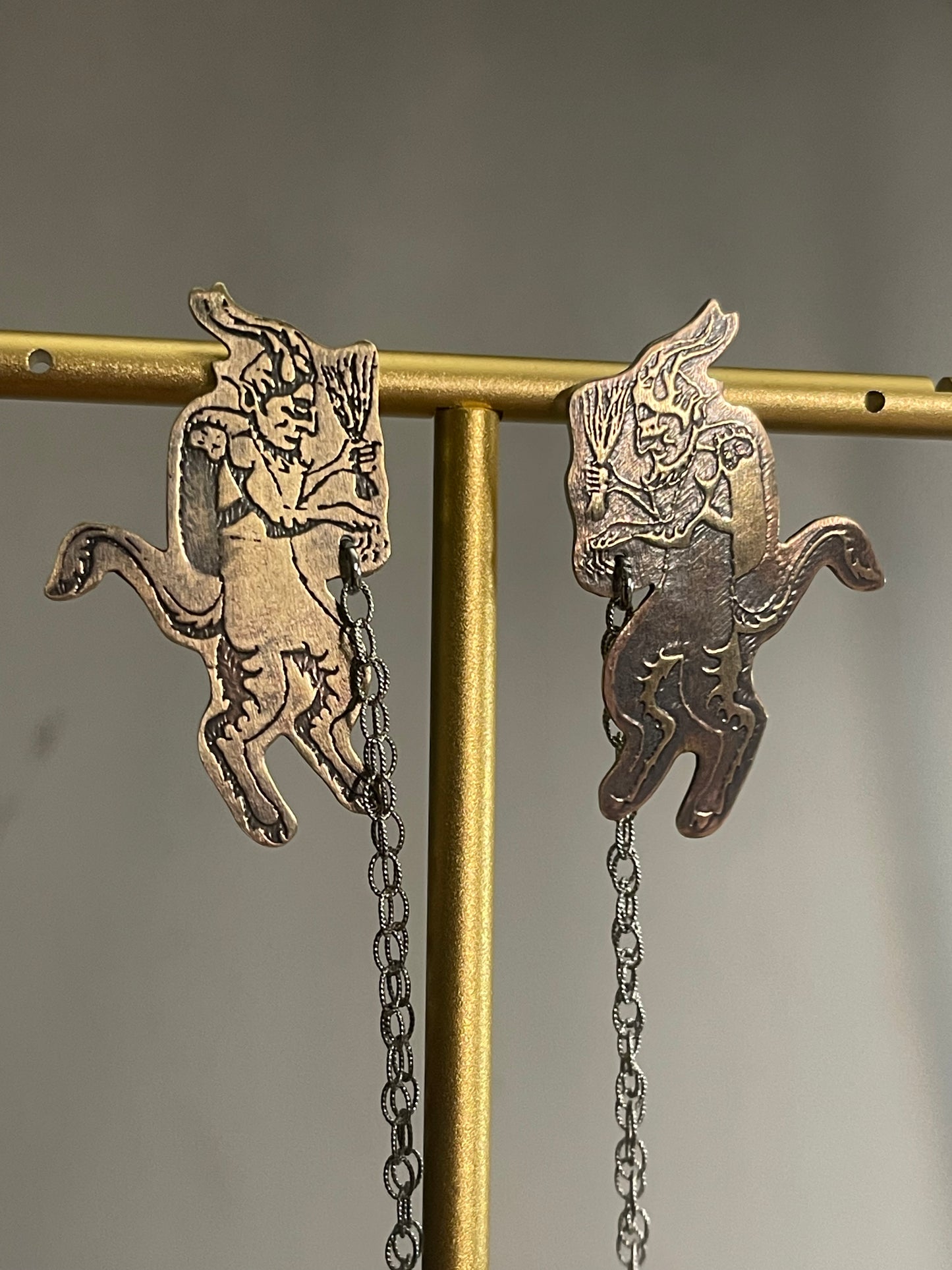 Naughty List • Etched Brass Krampus Stud Dangle Earrings