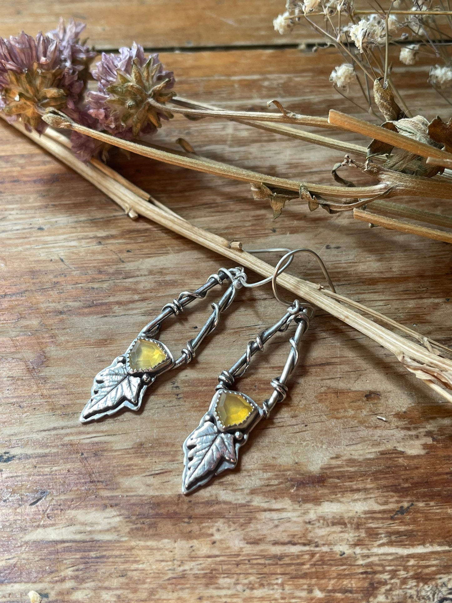 Leaves of Lórien • Oregon Fire Opal Leaf Drop Dangle Earrings