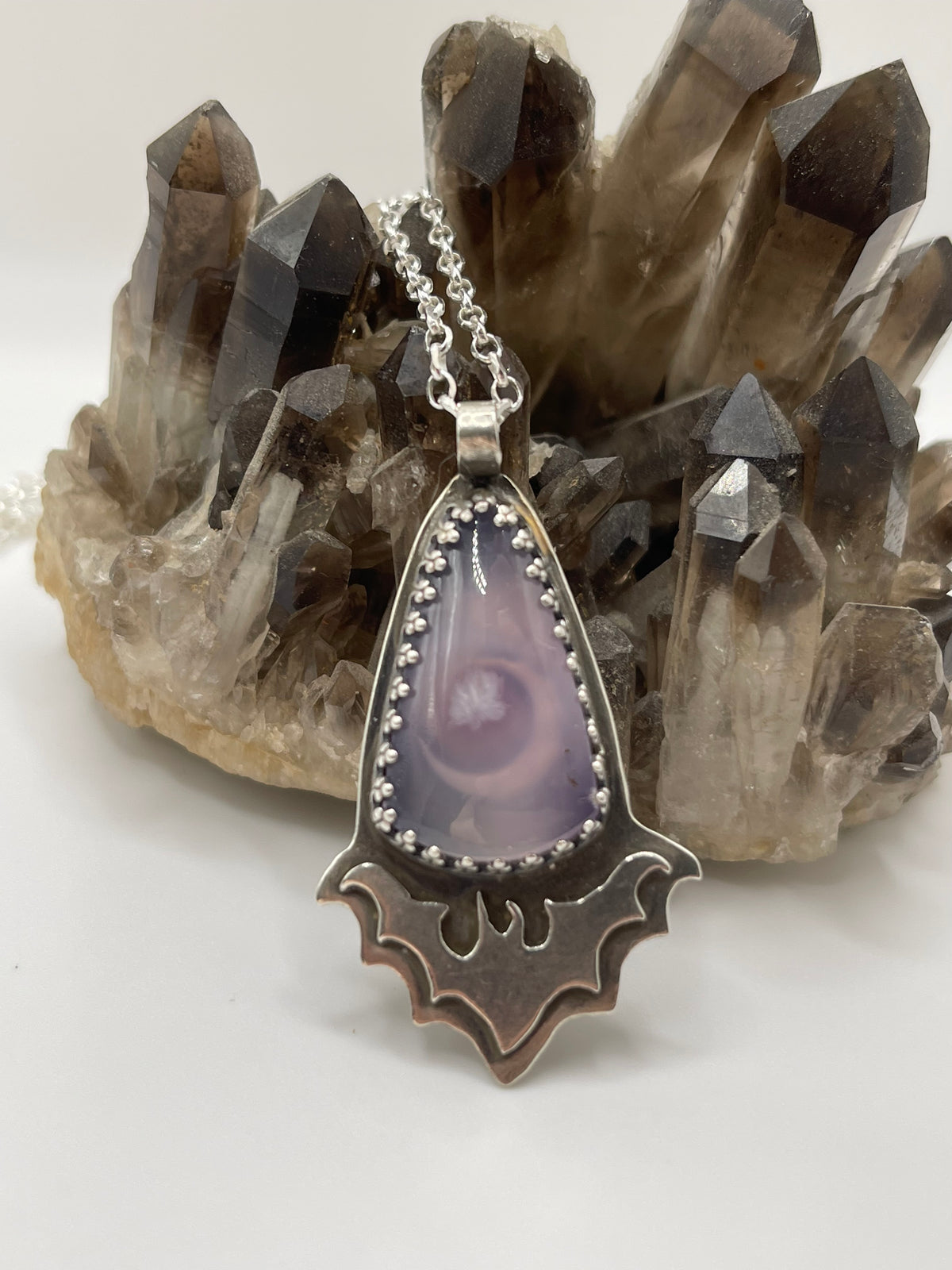 *Creature of the Night • Purple Moss Agate Sterling Silver Bat Pendant Necklace