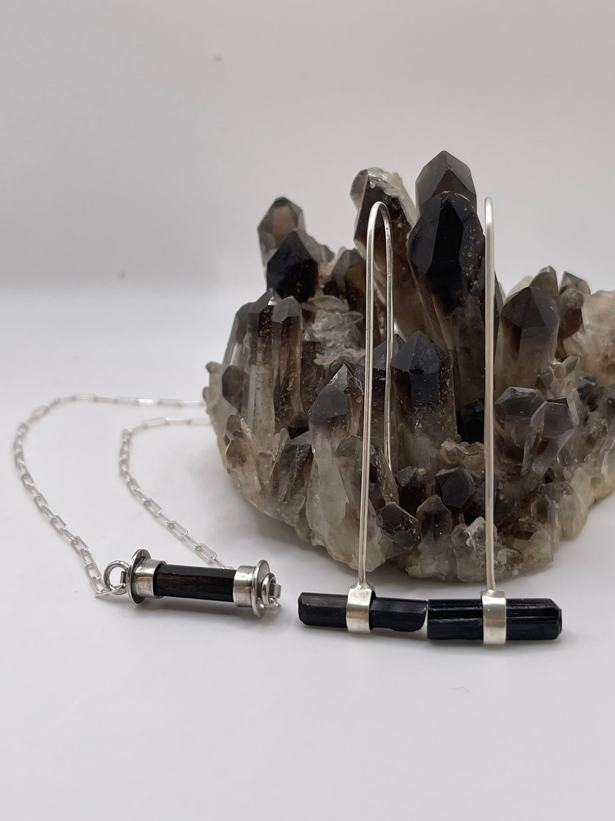 *Dark Green Tourmaline Crystal Bar Drop Earrings • Sterling Silver