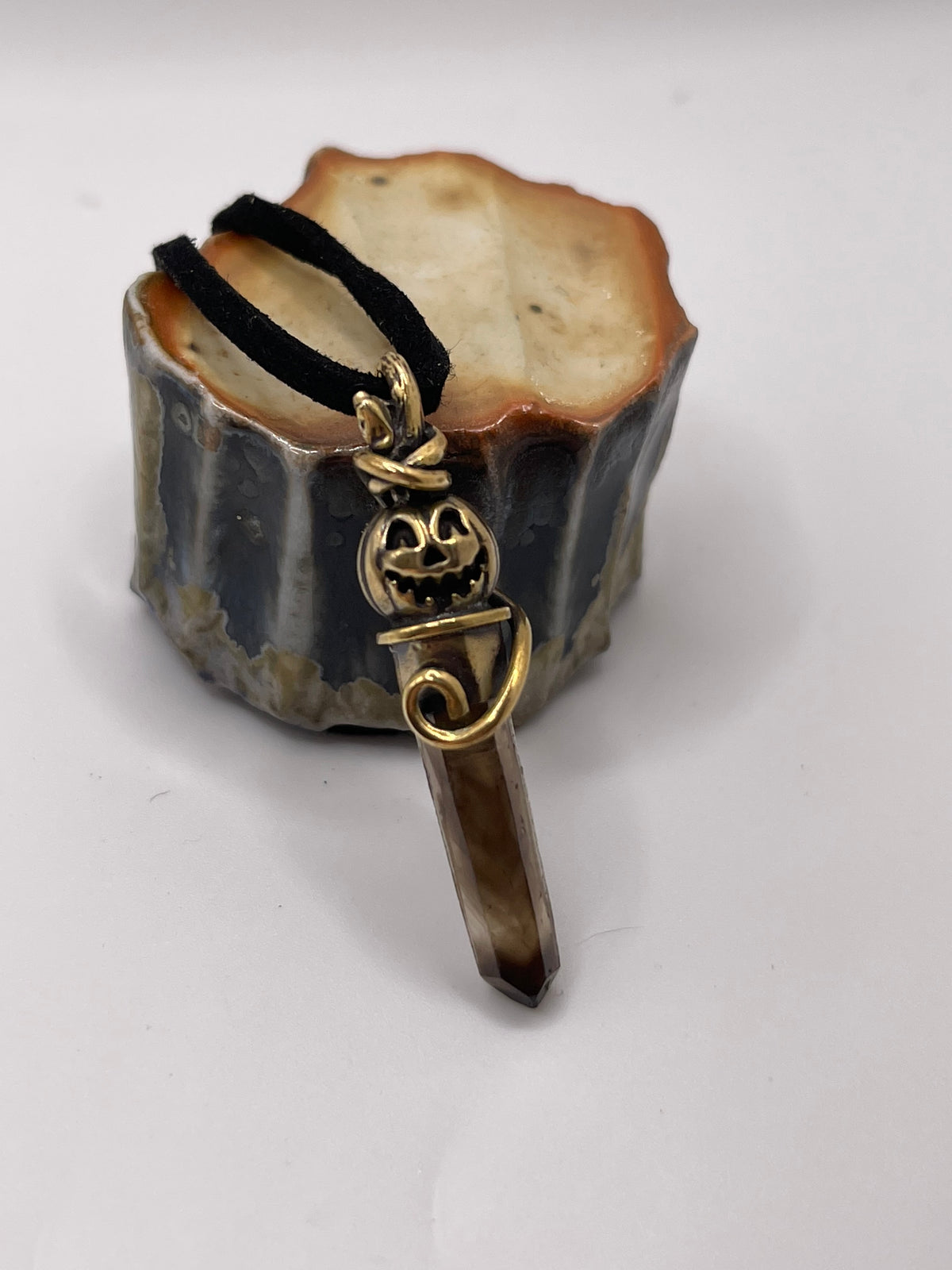 *Sleepy Hollow • Brass Jack-o-lantern Phantom Smokey Quartz Crystal Charm