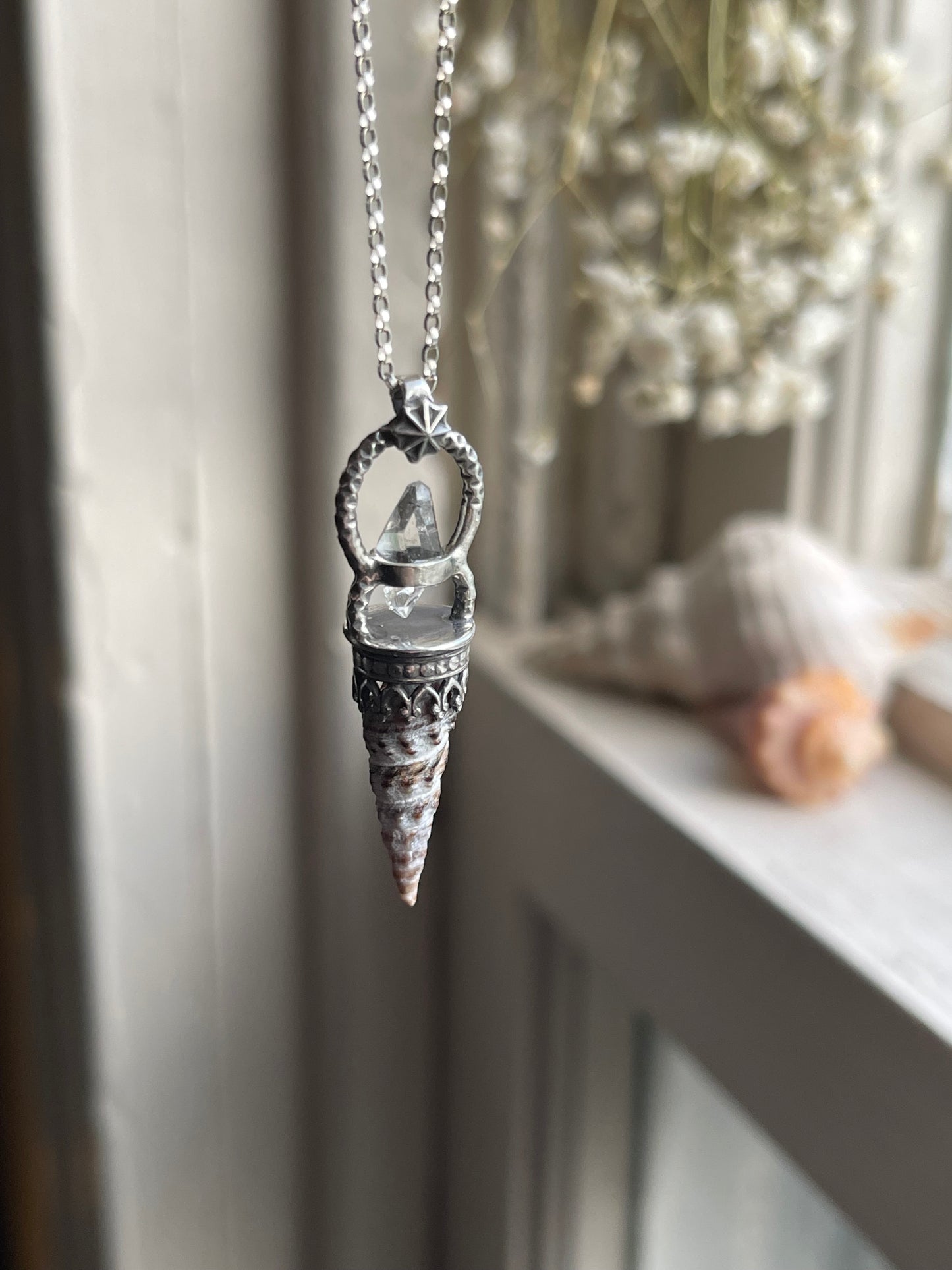 *The Celestial Tides Crystal Cone Seashell Pendant Necklace • Herkimer Diamond • Sterling Silver