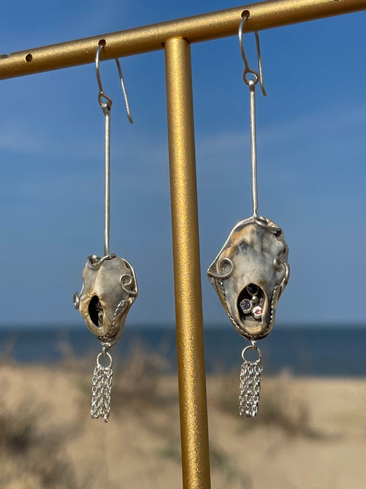 *Portals to the Brine • Gemstone Oyster Shell Drop Dangle Earrings