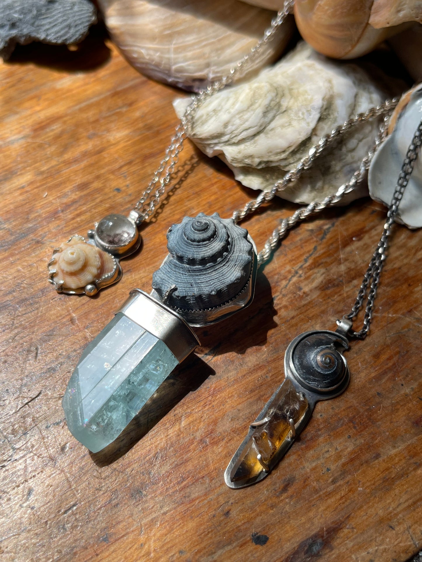 *The Azure Empress • Aquamarine crystal Black Seashell PENDANT ONLY • Sterling Silver