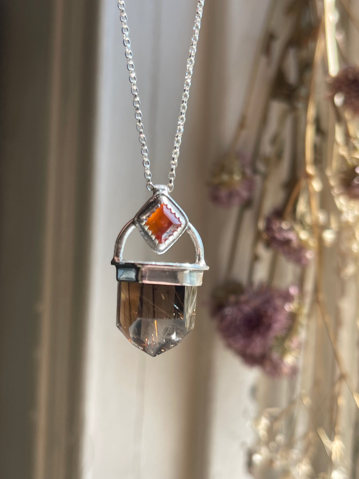 Gold in the Air of Summer • Golden Rutilated Smokey Quartz Crystal Garnet Necklace