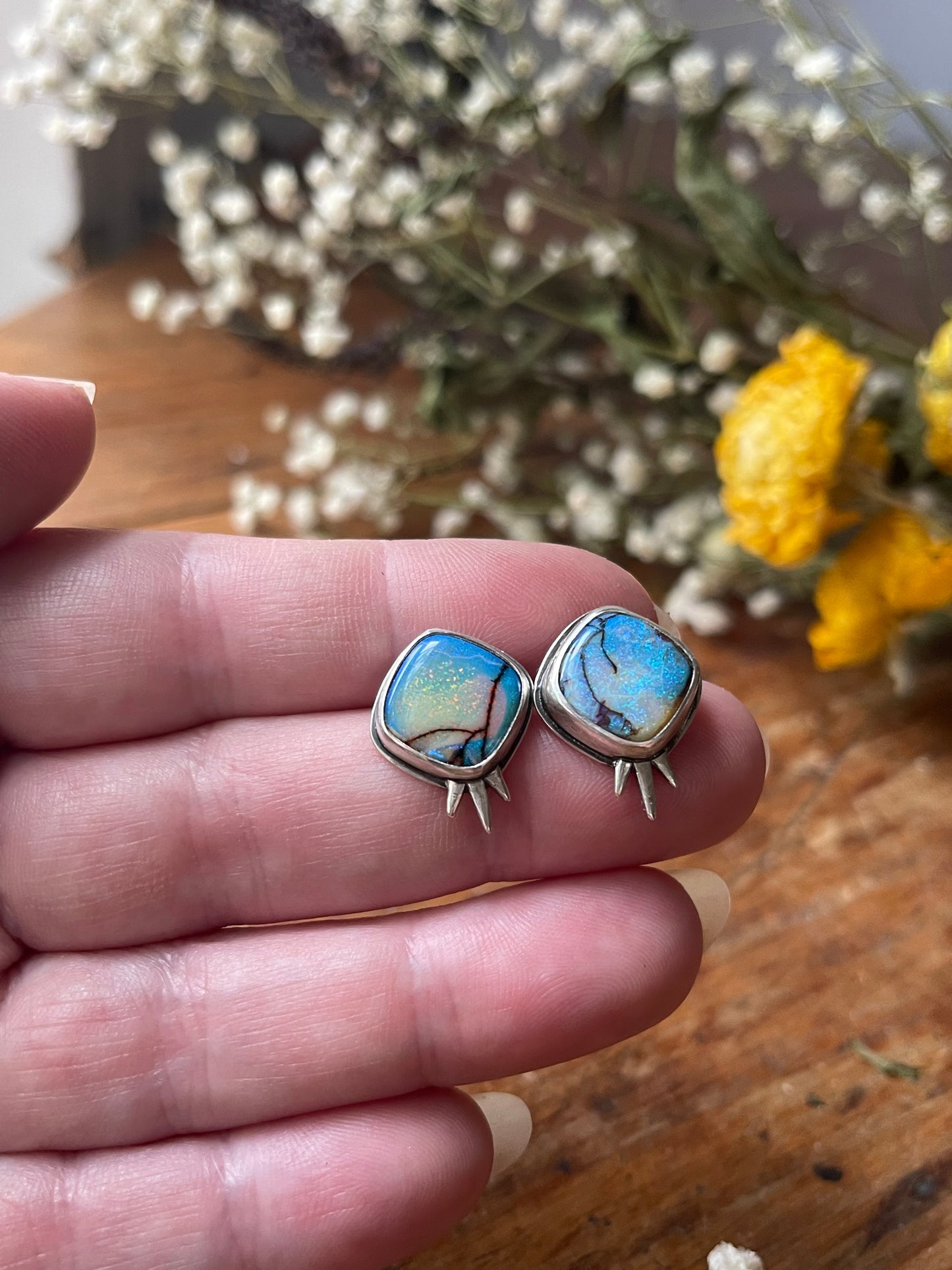 *Frost in the Flowers • Sterling Opal Stud Earrings • Sterling Silver