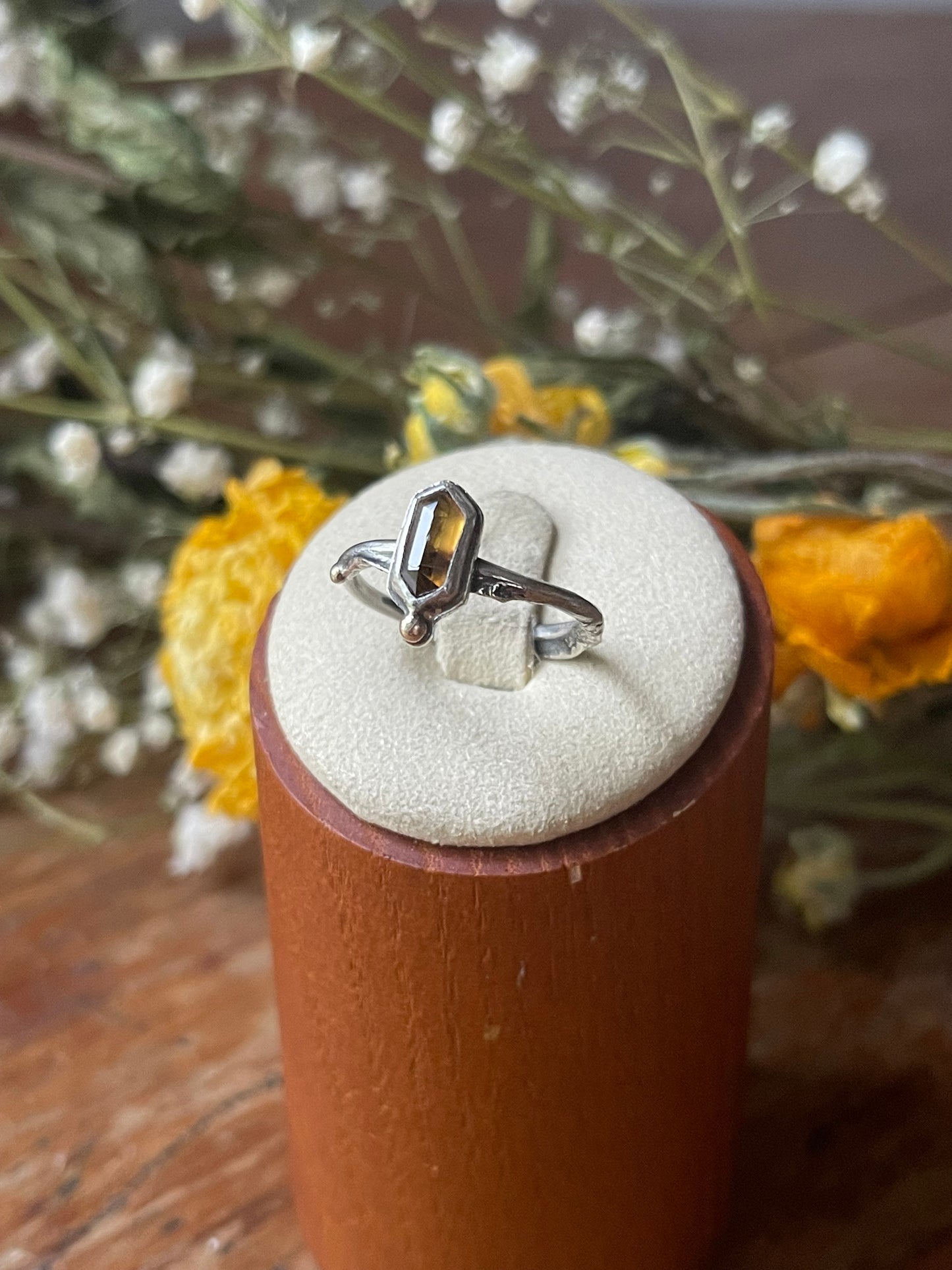 *Sunlit Keep Sphene Ring • Reticulated Silver & 14K Gold • Size 7