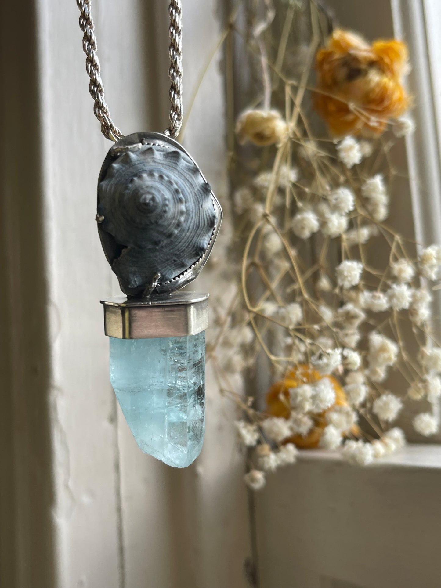 *The Azure Empress • Aquamarine crystal Black Seashell PENDANT ONLY • Sterling Silver