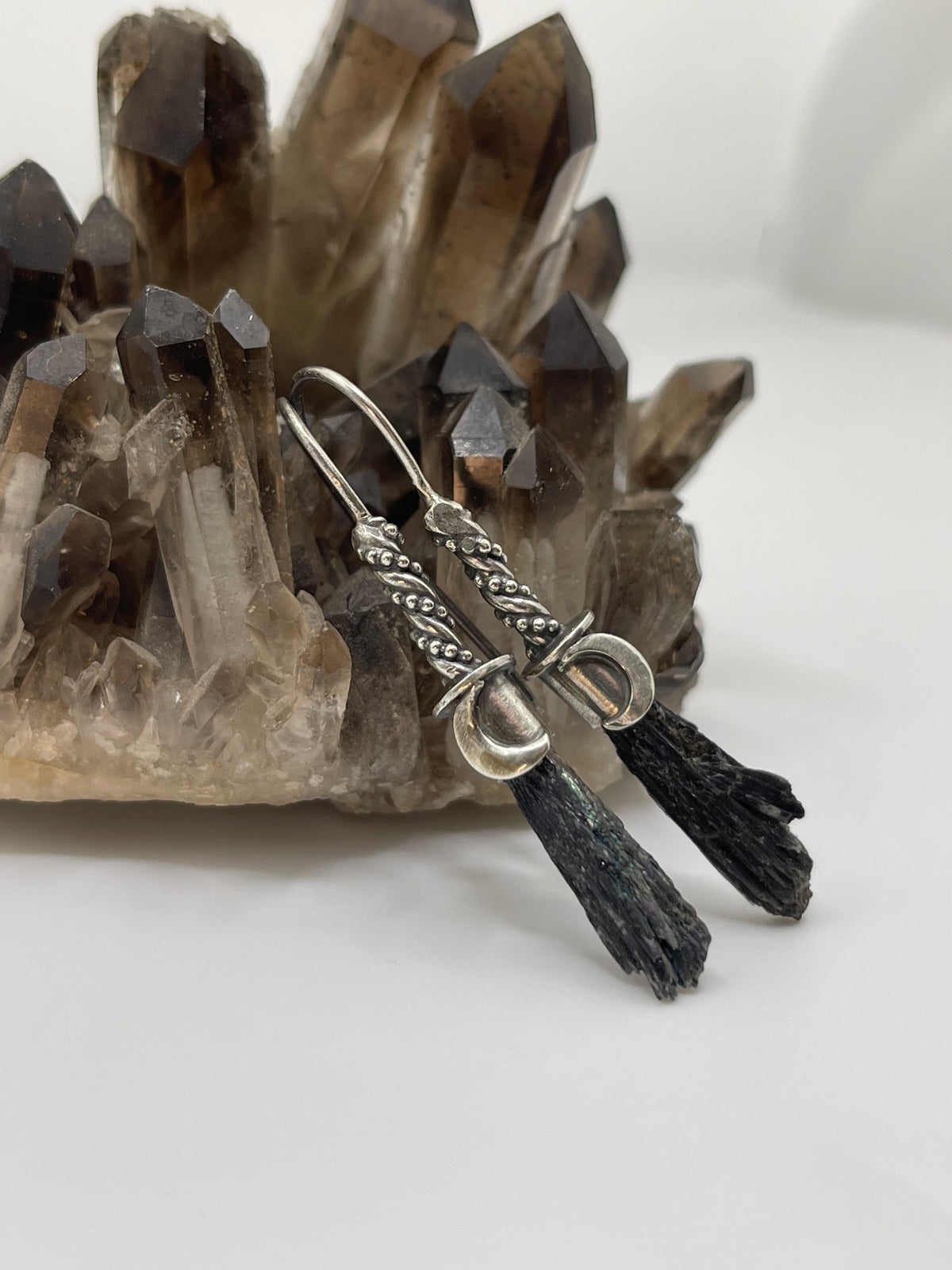 *Bebe Lunar Witch Broom Crystal Drop Earrings • Black Kyanite & Sterling Silver