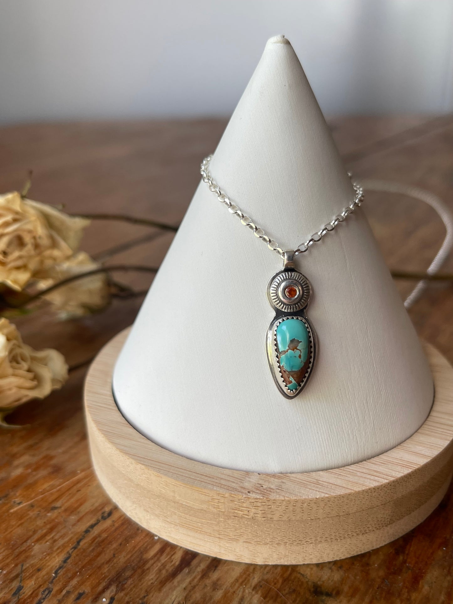 *Sailing on the Sun • Royston Turquoise & Hessonite Garnet Pendant Necklace • Fine Silver