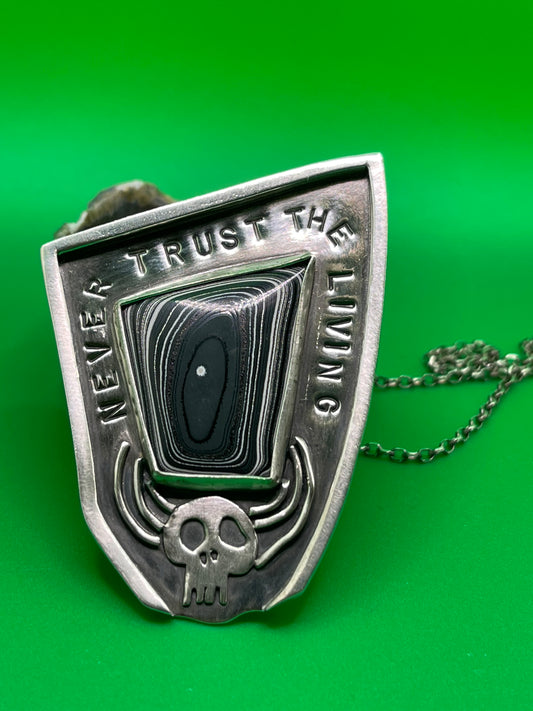 *Never Trust the Living • Fordite & Sterling Silver Beetlejuice Halloween Statement Pendant Necklace