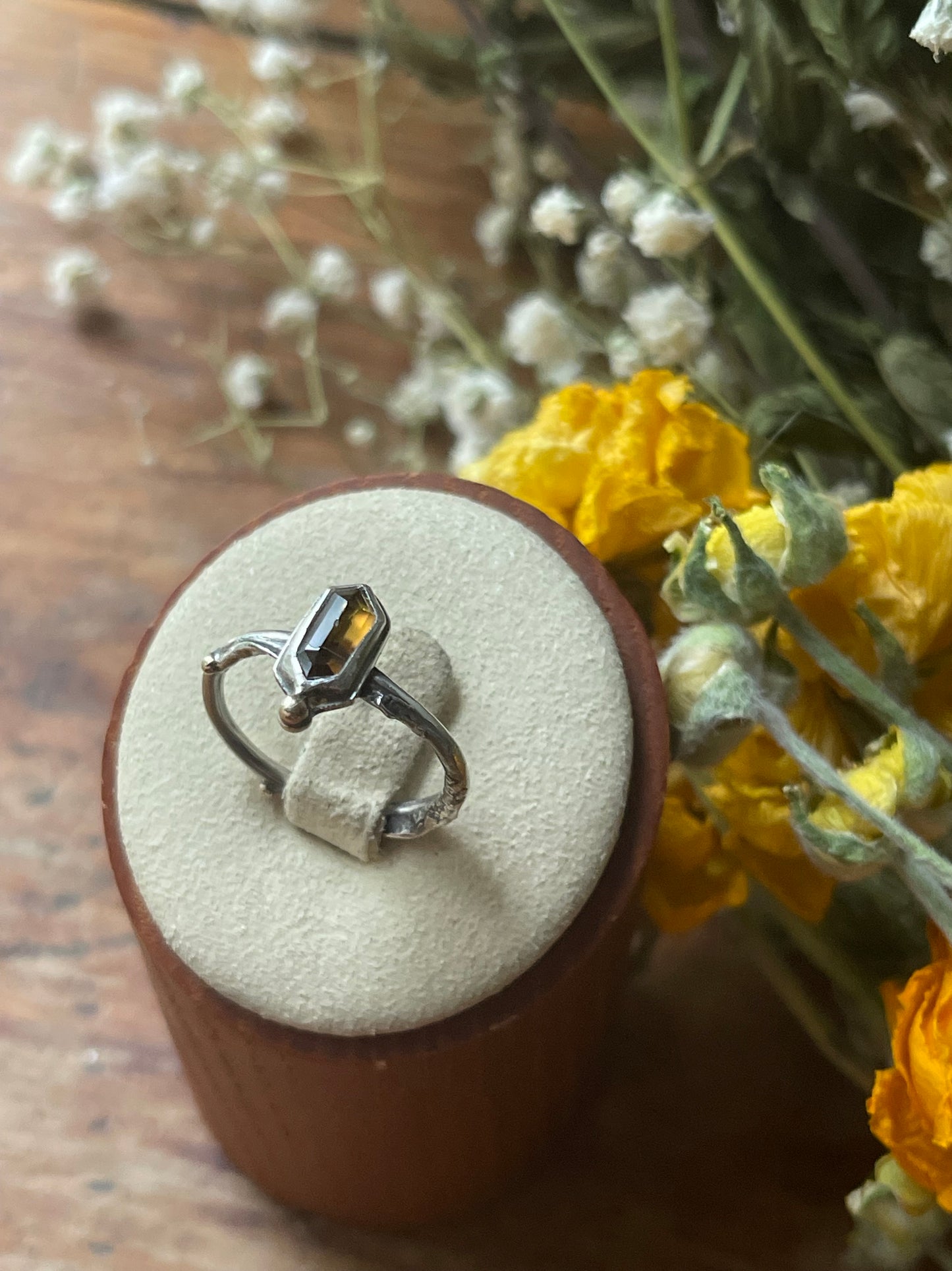 *Sunlit Keep Sphene Ring • Reticulated Silver & 14K Gold • Size 7