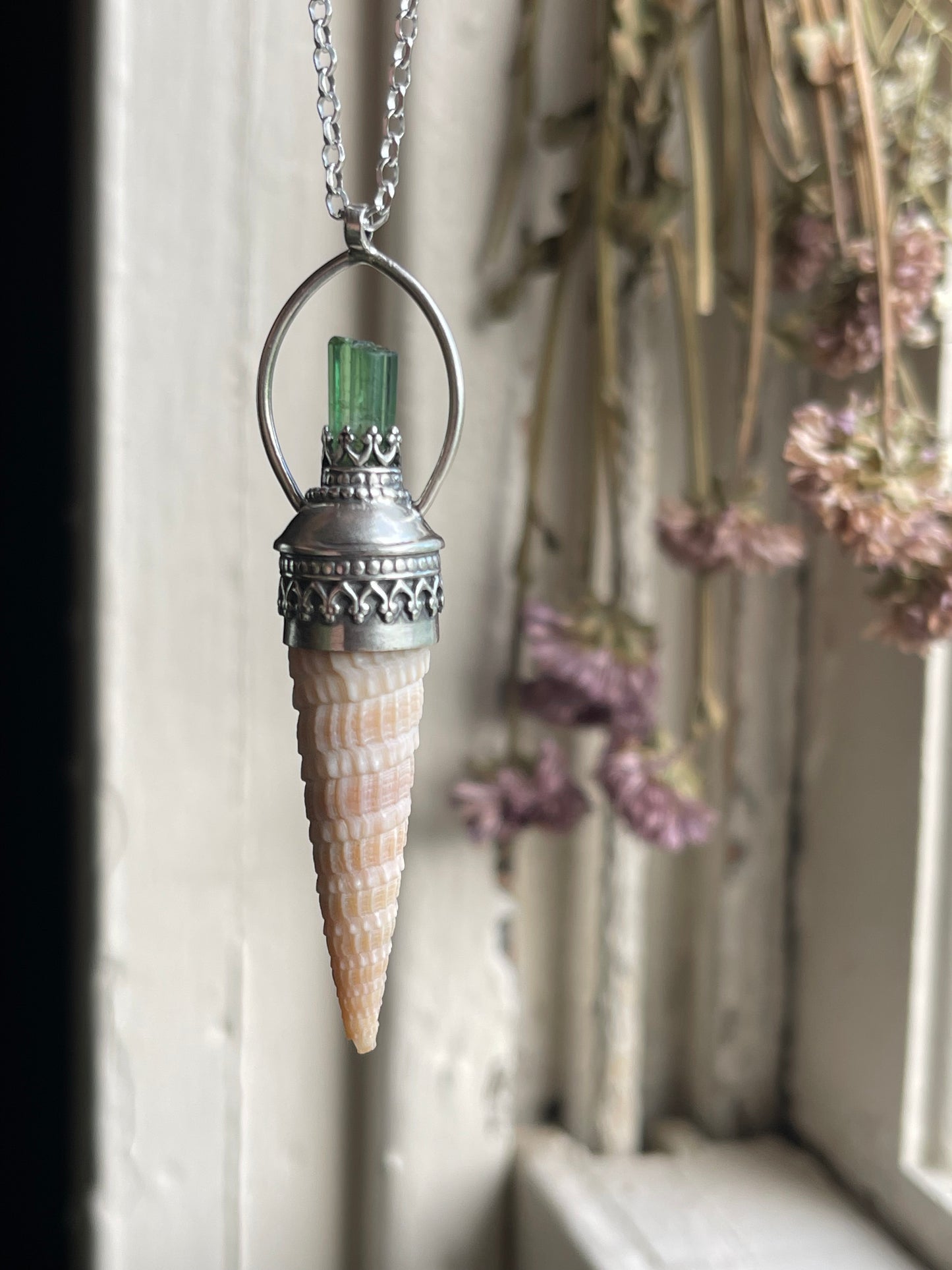 Kelly • Green Tourmaline Crystal Shell Statement Pendant Necklace