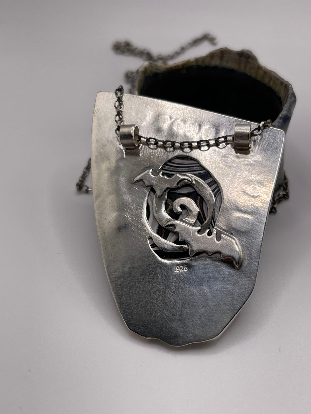 *Never Trust the Living • Fordite & Sterling Silver Beetlejuice Halloween Statement Pendant Necklace