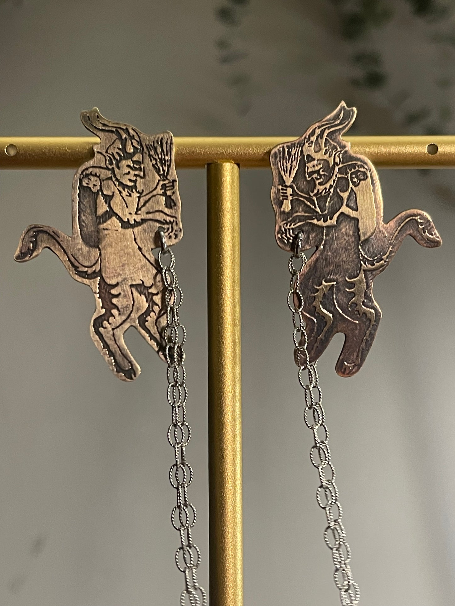 Naughty List • Etched Brass Krampus Stud Dangle Earrings