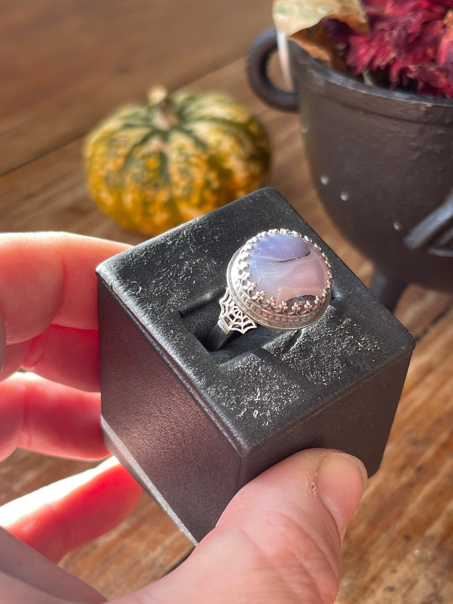 *Lilith• Purple Moss Agate Spiderweb Ring Size 9.5