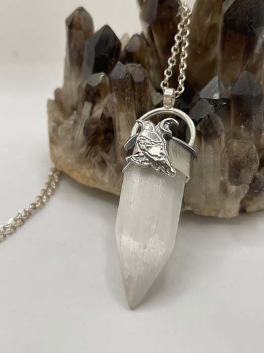 *The White Raven • Selenite Crystal Necklace • Sterling Silver