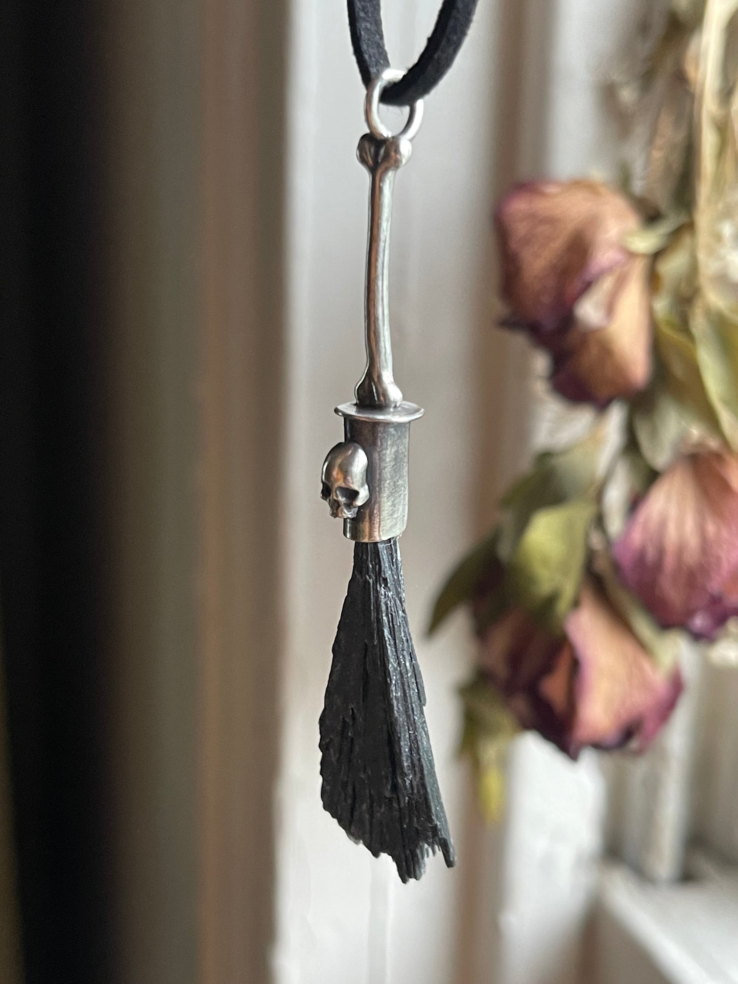 *Gothic Bone Witch Crystal Broom Pendant