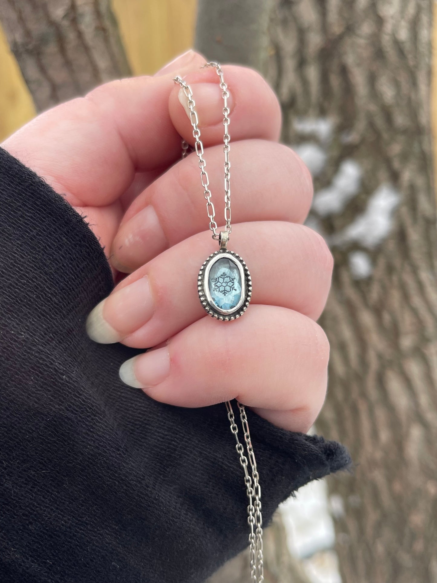*London Blue Ice • Sterling silver stamped pendant necklace