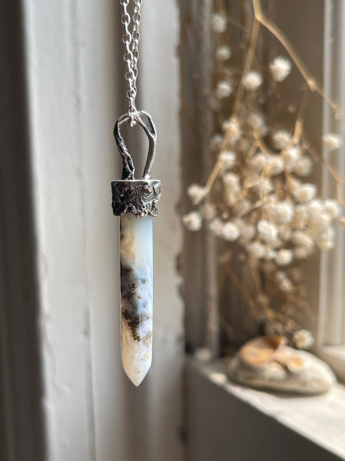 *Sea Mist • Moss Agate Crystal Pendant Necklace • Reticulated Silver