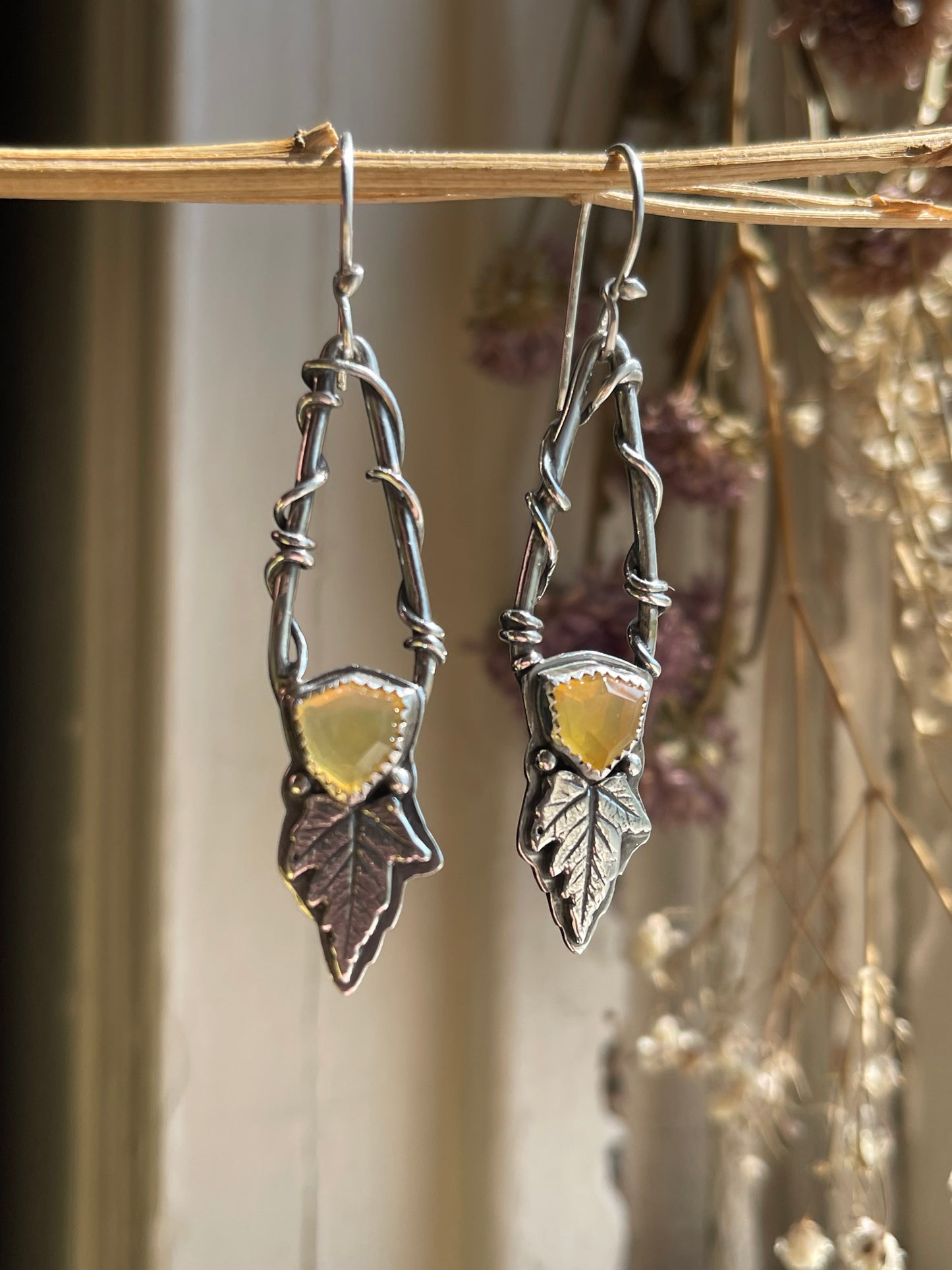 Leaves of Lórien • Oregon Fire Opal Leaf Drop Dangle Earrings