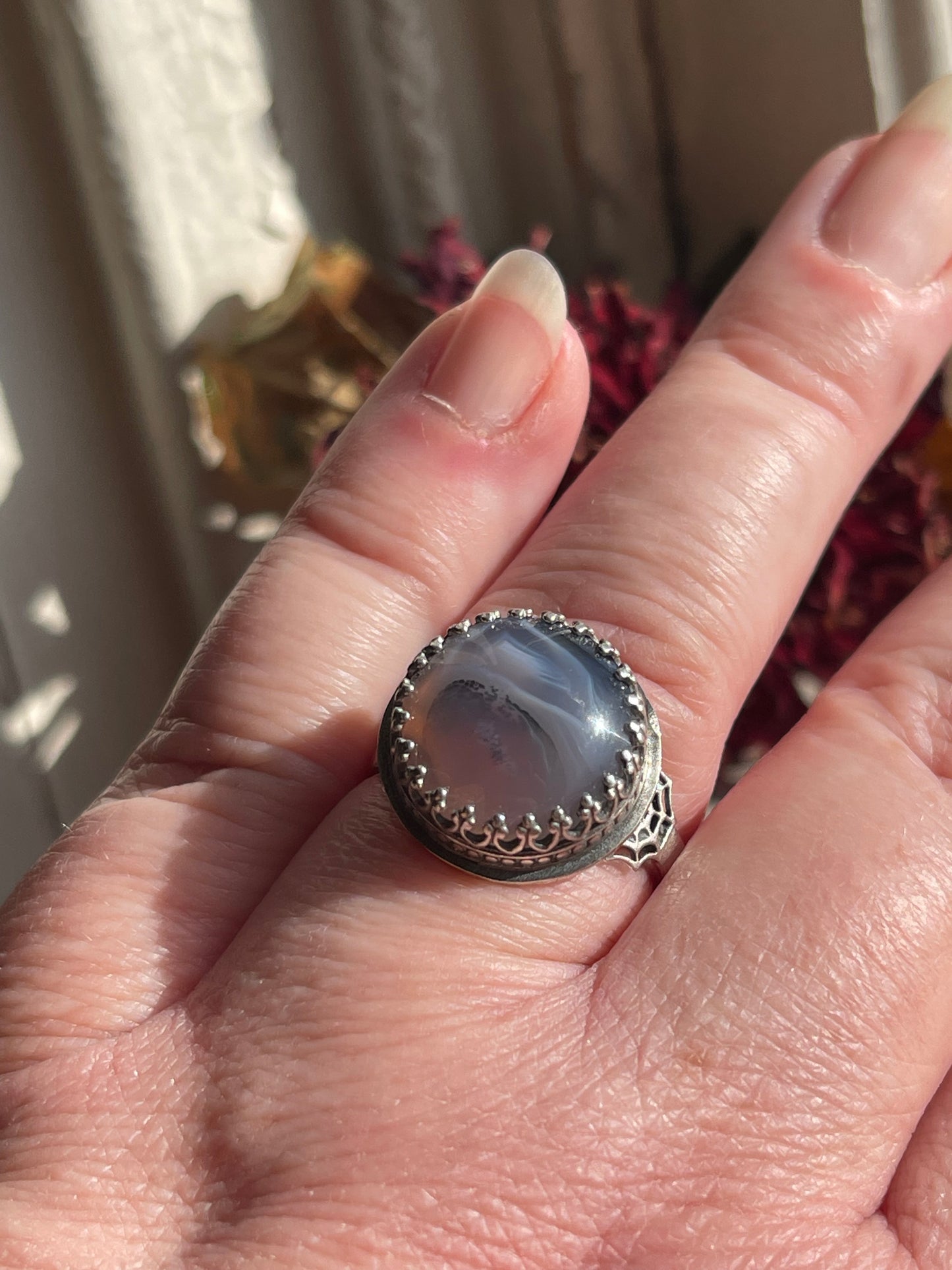 *Lilith• Purple Moss Agate Spiderweb Ring Size 9.5