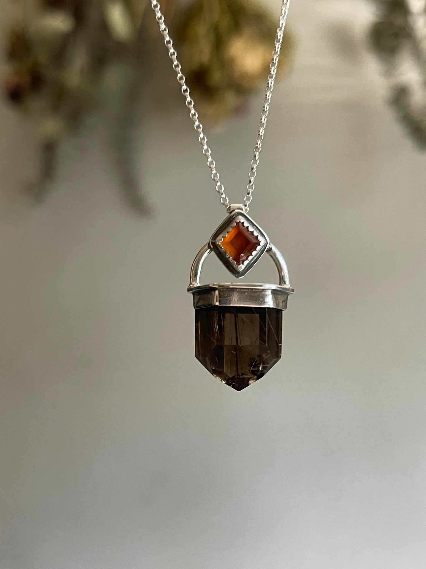 Gold in the Air of Summer • Golden Rutilated Smokey Quartz Crystal Garnet Necklace