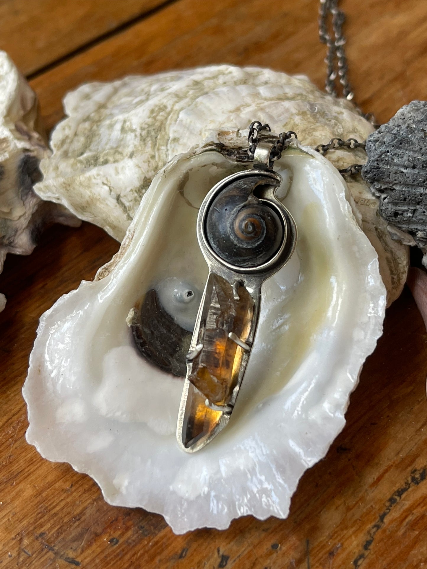 *Portal to the Brine • Black & Brown Seashell with Smokey Quartz Crystal Pendant Necklace • Sterling Silver