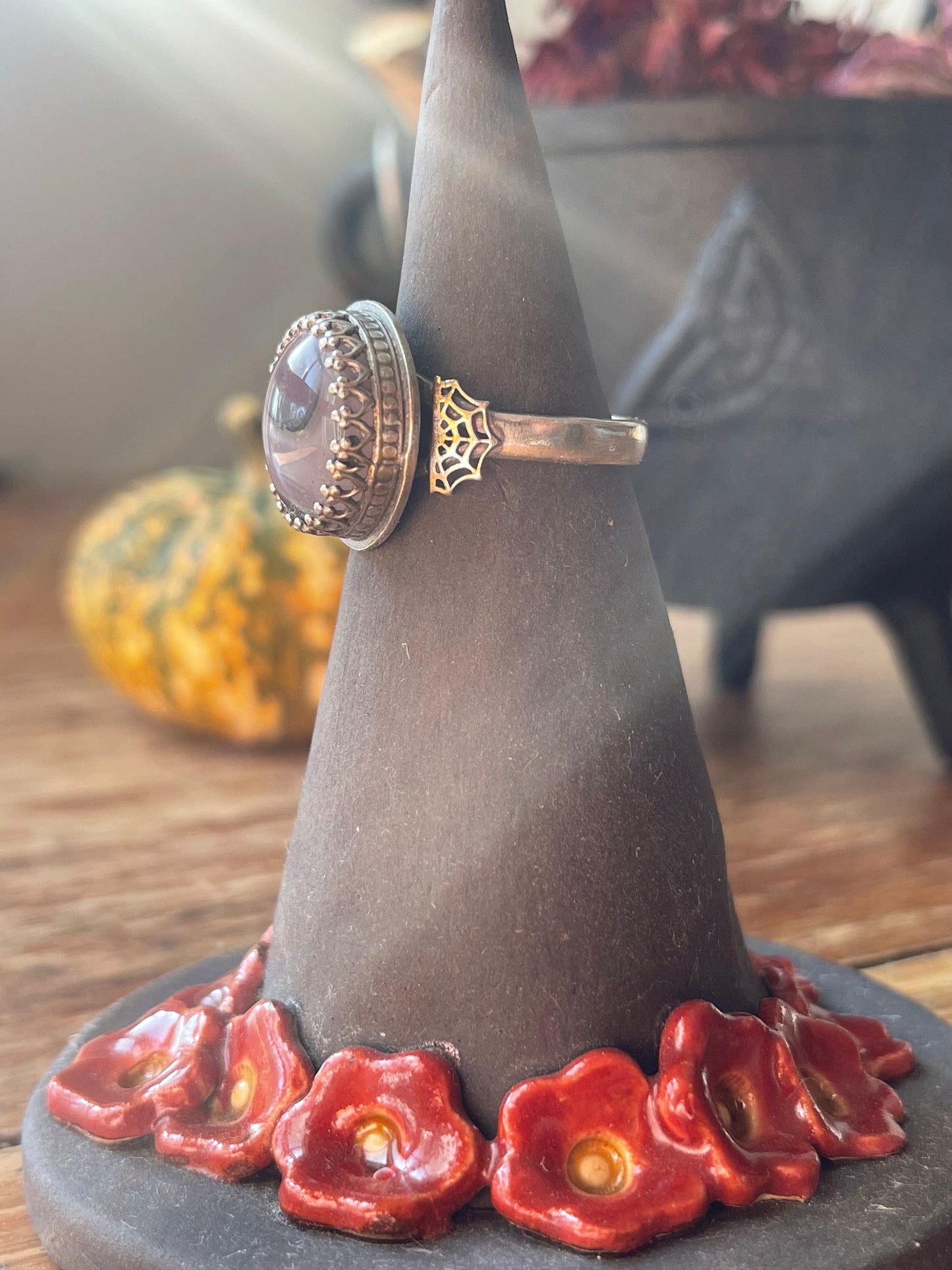 *Lilith• Purple Moss Agate Spiderweb Ring Size 9.5