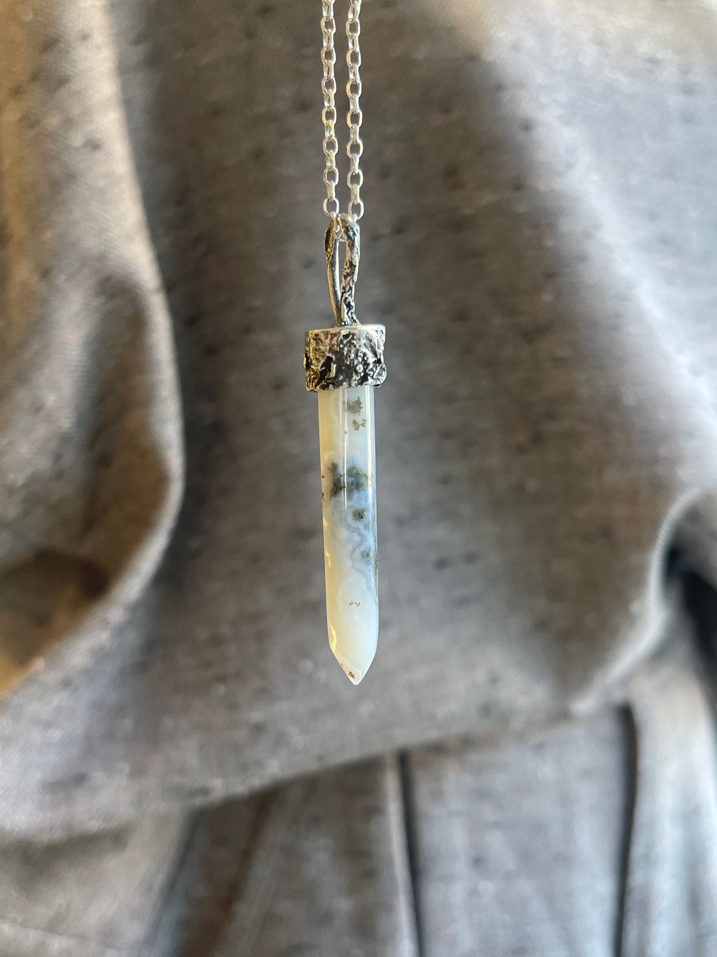 *Sea Mist • Moss Agate Crystal Pendant Necklace • Reticulated Silver