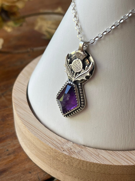 *Queen’s Resilience • Amethyst Thistle Pendant Necklace • Sterling Silver & Brass Mixed Metals