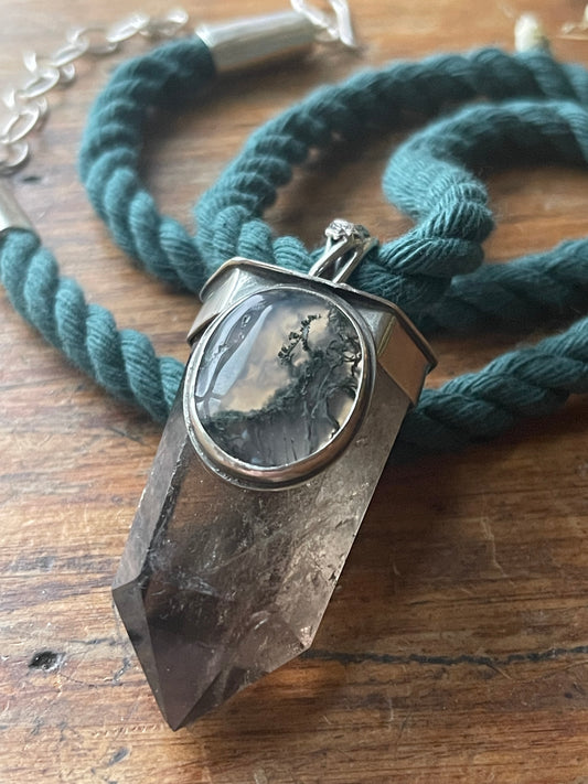 *Climbing Ivy Crystal Statement Necklace • Smokey Quartz & Moss Agate • Sterling Silver