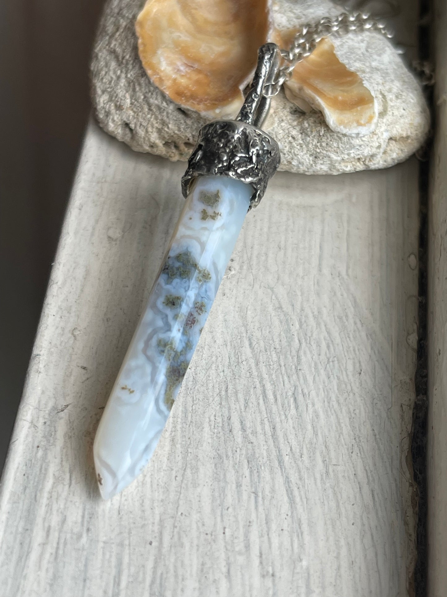 *Sea Mist • Moss Agate Crystal Pendant Necklace • Reticulated Silver