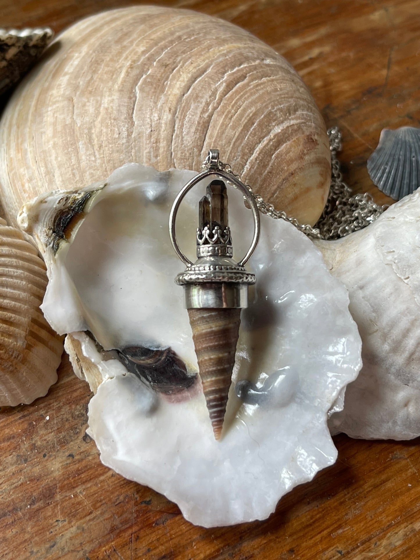 Ocean Royalty: Smokey Quartz Crystal Cone Shell Statement Necklace