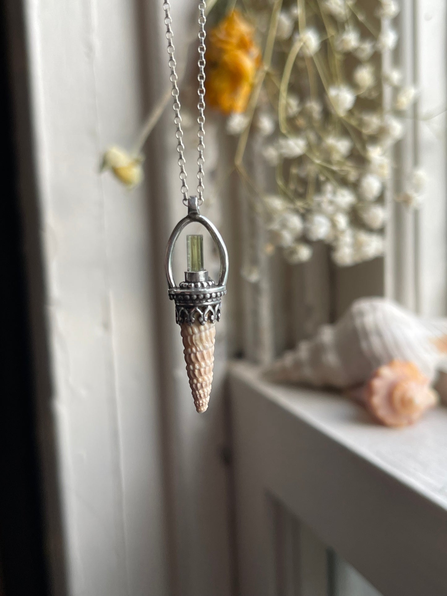 *The Orange Creamsicle Crystal Cone Seashell Pendant Necklace • Tourmlaine and Sterling Silver