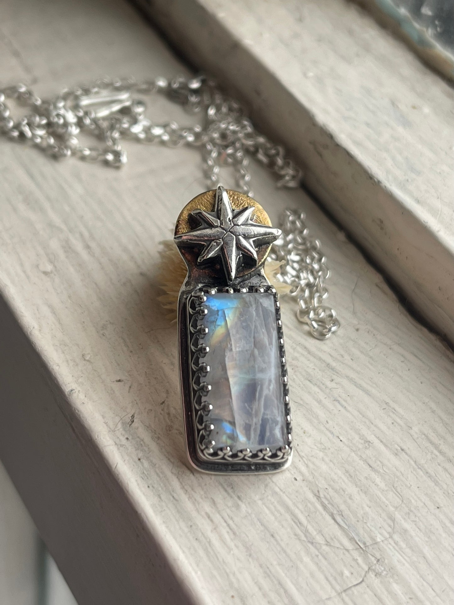 *The Eternal Flame • Rainbow Moonstone Mixed Metals Pendant Necklace