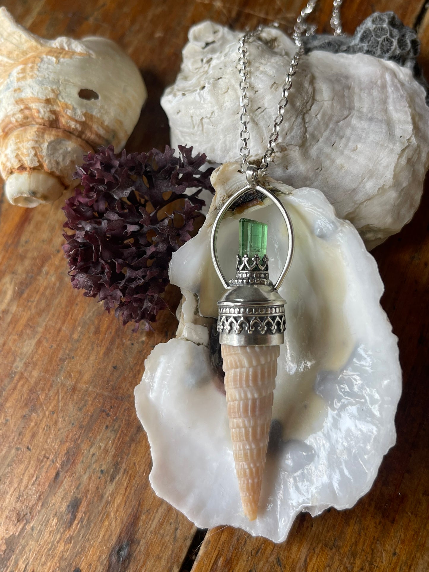 Kelly • Green Tourmaline Crystal Shell Statement Pendant Necklace