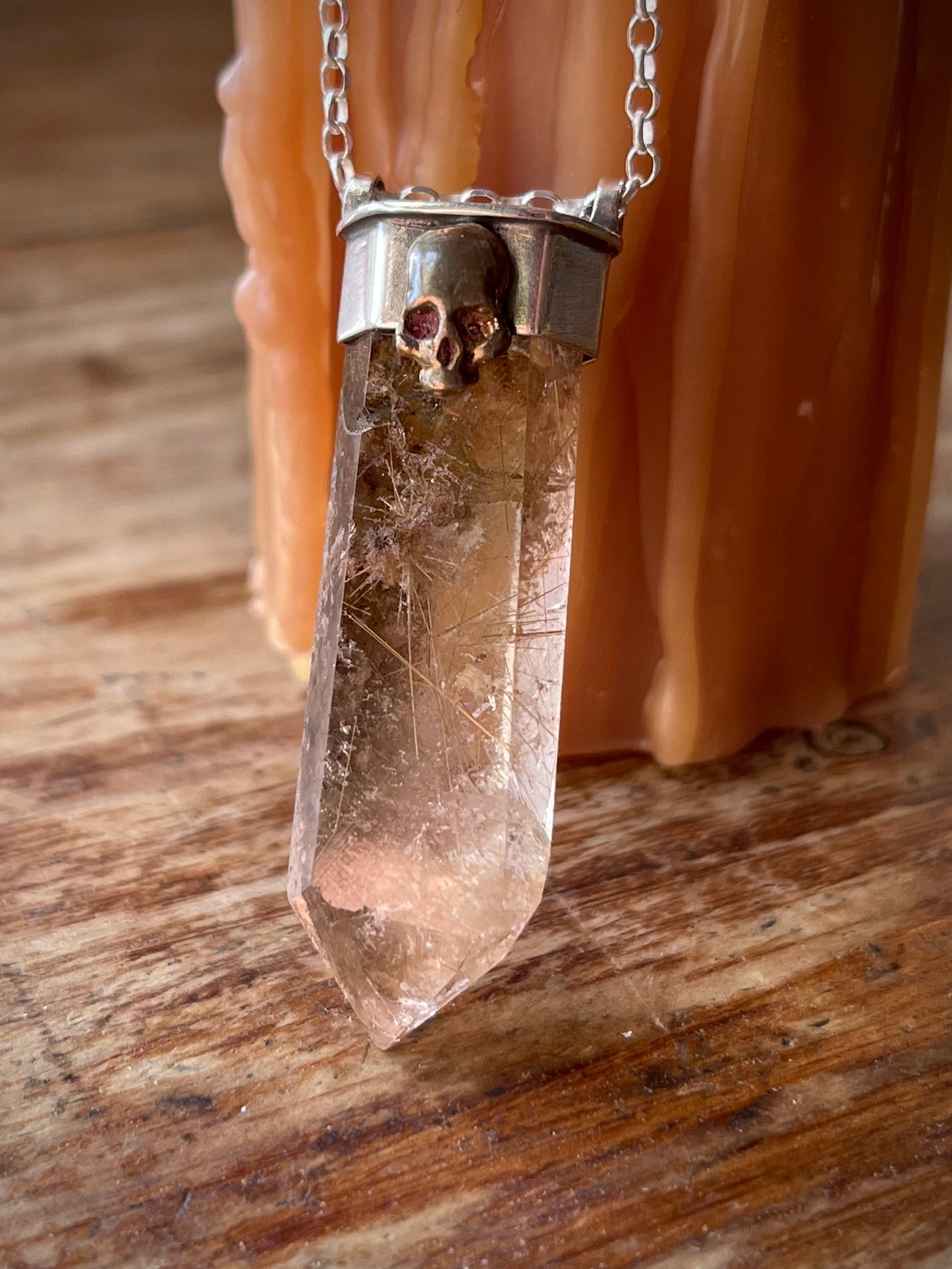 *Thinning of the Veil • Golden Rutilated Quartz Crystal Mixed Metals Skull Necklace