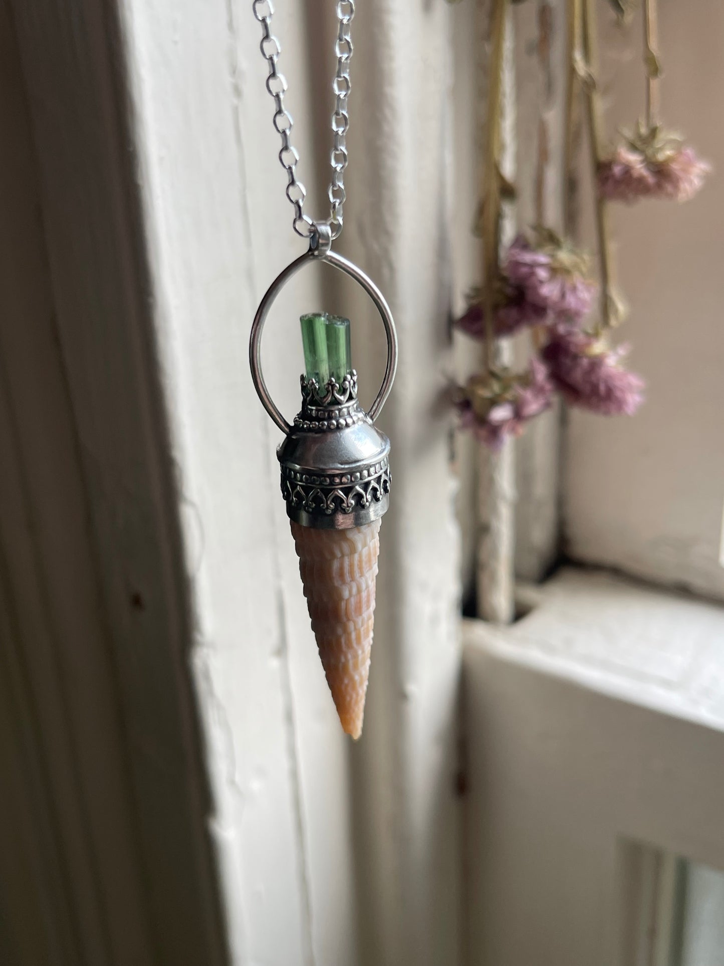 Kelly • Green Tourmaline Crystal Shell Statement Pendant Necklace