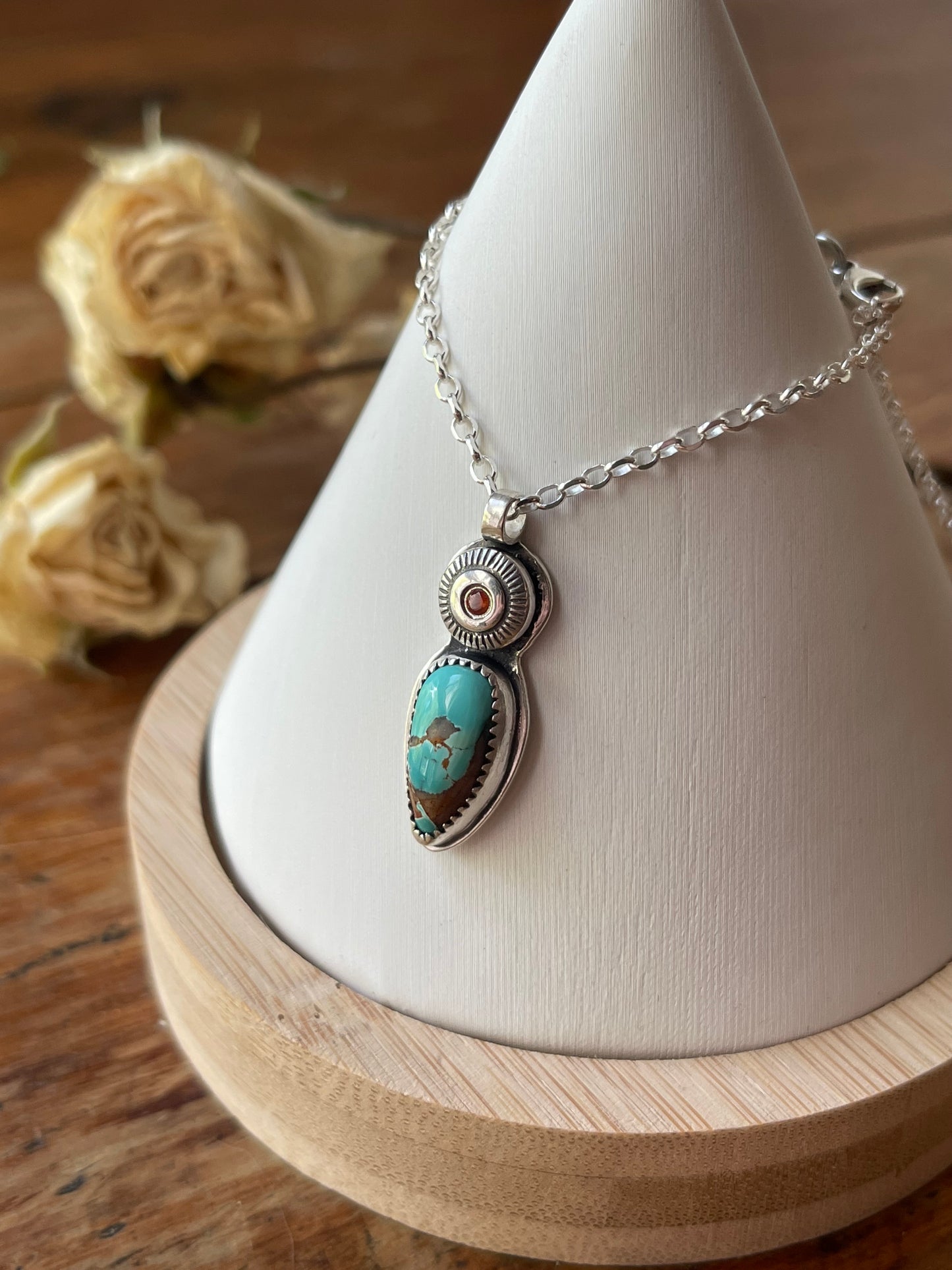 *Sailing on the Sun • Royston Turquoise & Hessonite Garnet Pendant Necklace • Fine Silver