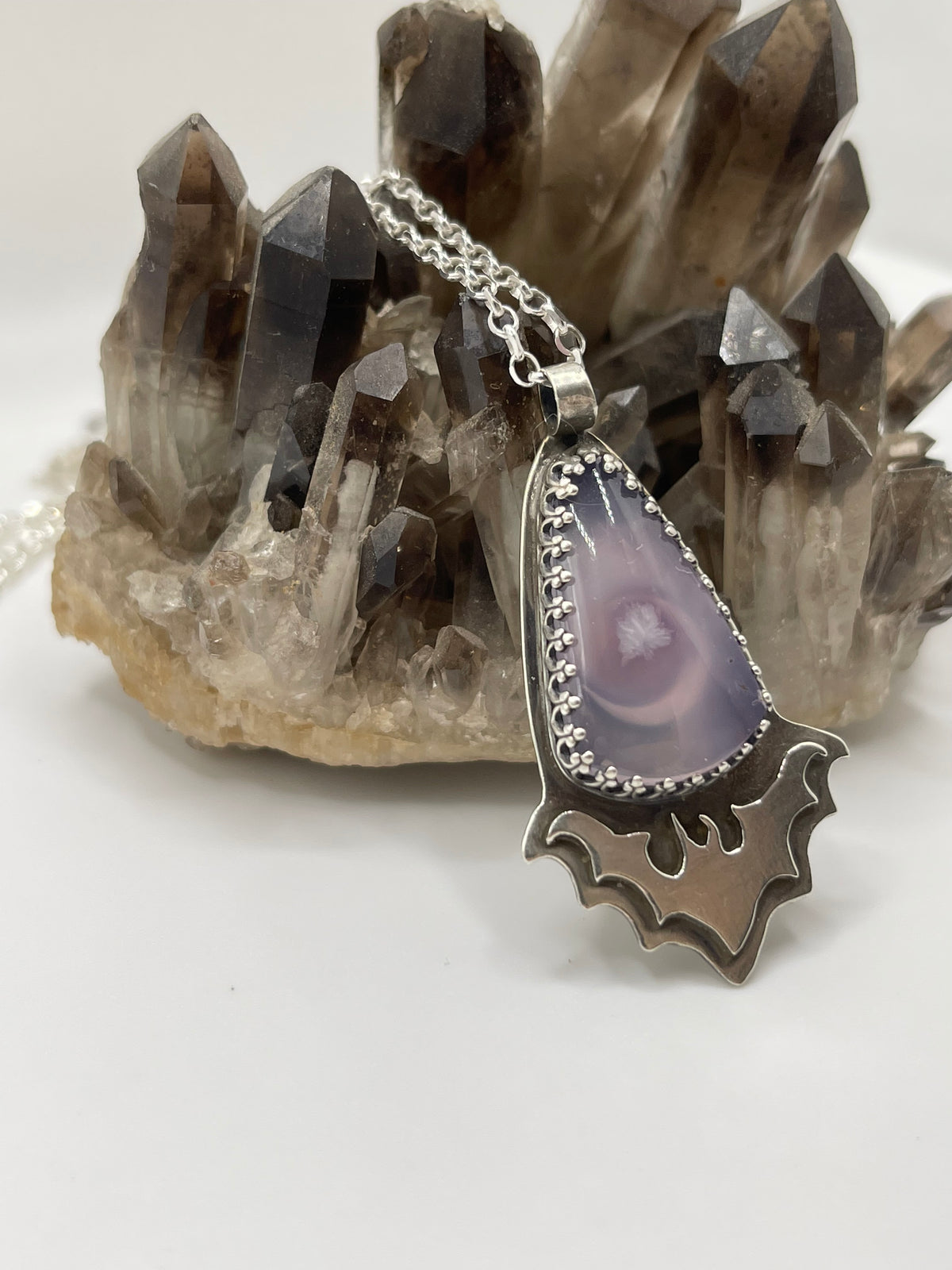 *Creature of the Night • Purple Moss Agate Sterling Silver Bat Pendant Necklace
