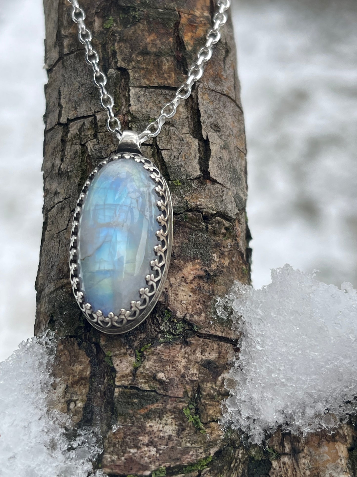 *Winter Sun • Sterling Silver Rainbow Moonstone Pendant Necklace