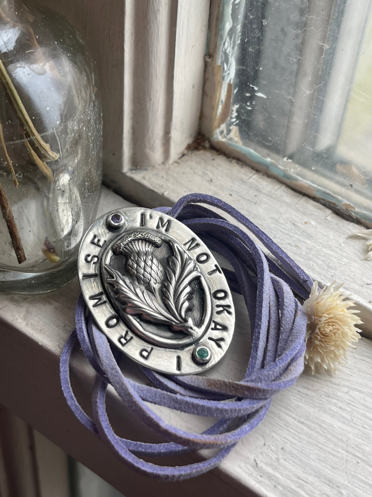 *I’m Not Okay, I Promise • Tanzanite & Emerald Stamped Sterling Silver Thistle Pendant