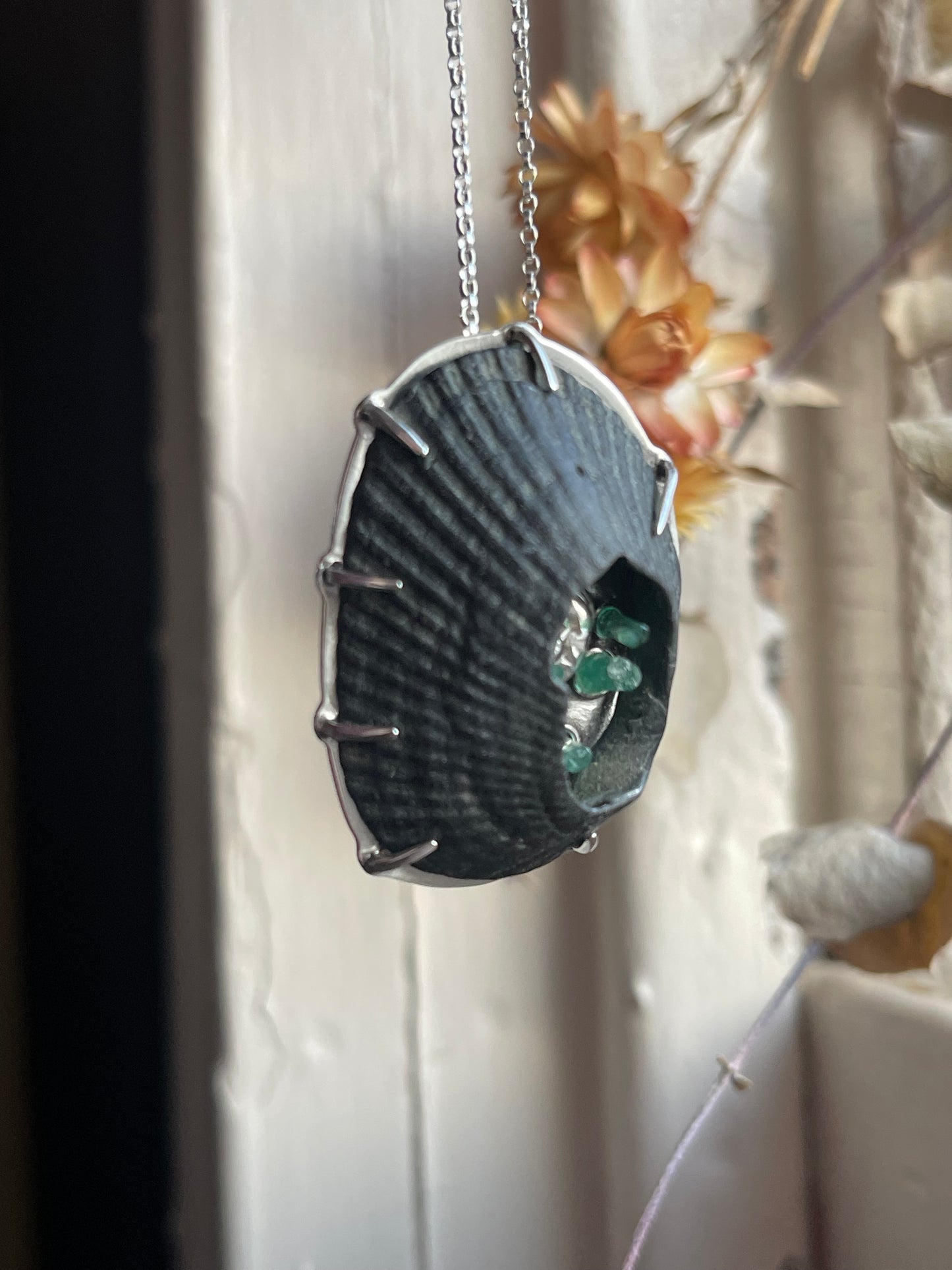 Emerald Cove • Black Shell & Emerald Crystal Seascape Statement Necklace