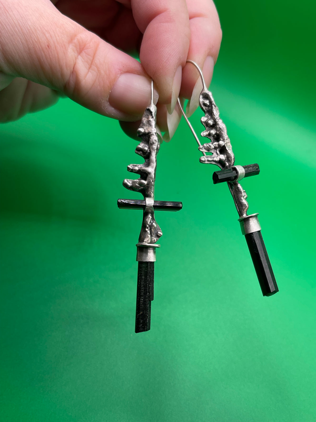 *Skeletal Fragments • Dark Green Tourmaline Crystal Statement Earrings • Fused Sterling Silver