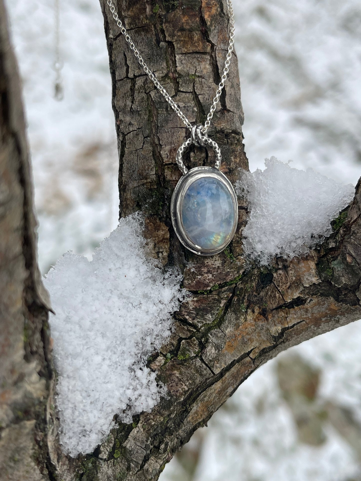 *Winter Moon • Sterling Silver Rainbow Moonstone Pendant Necklace