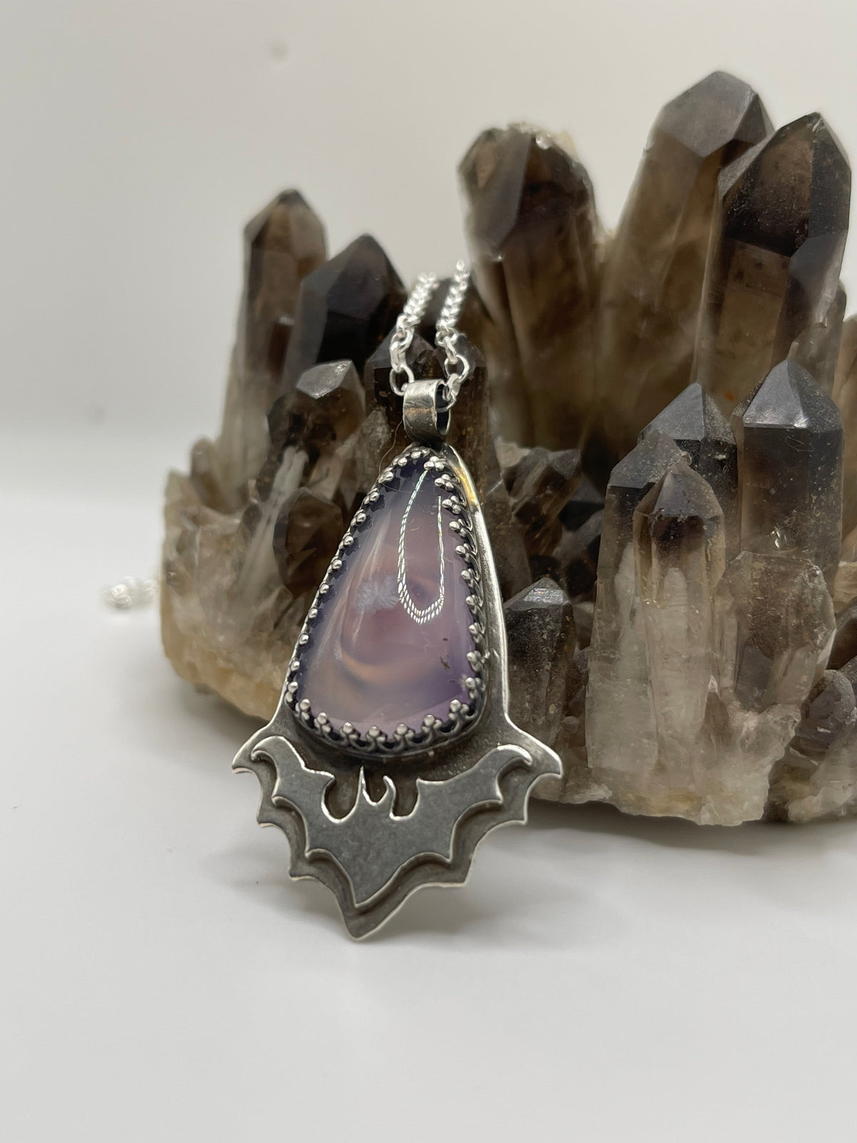 *Creature of the Night • Purple Moss Agate Sterling Silver Bat Pendant Necklace