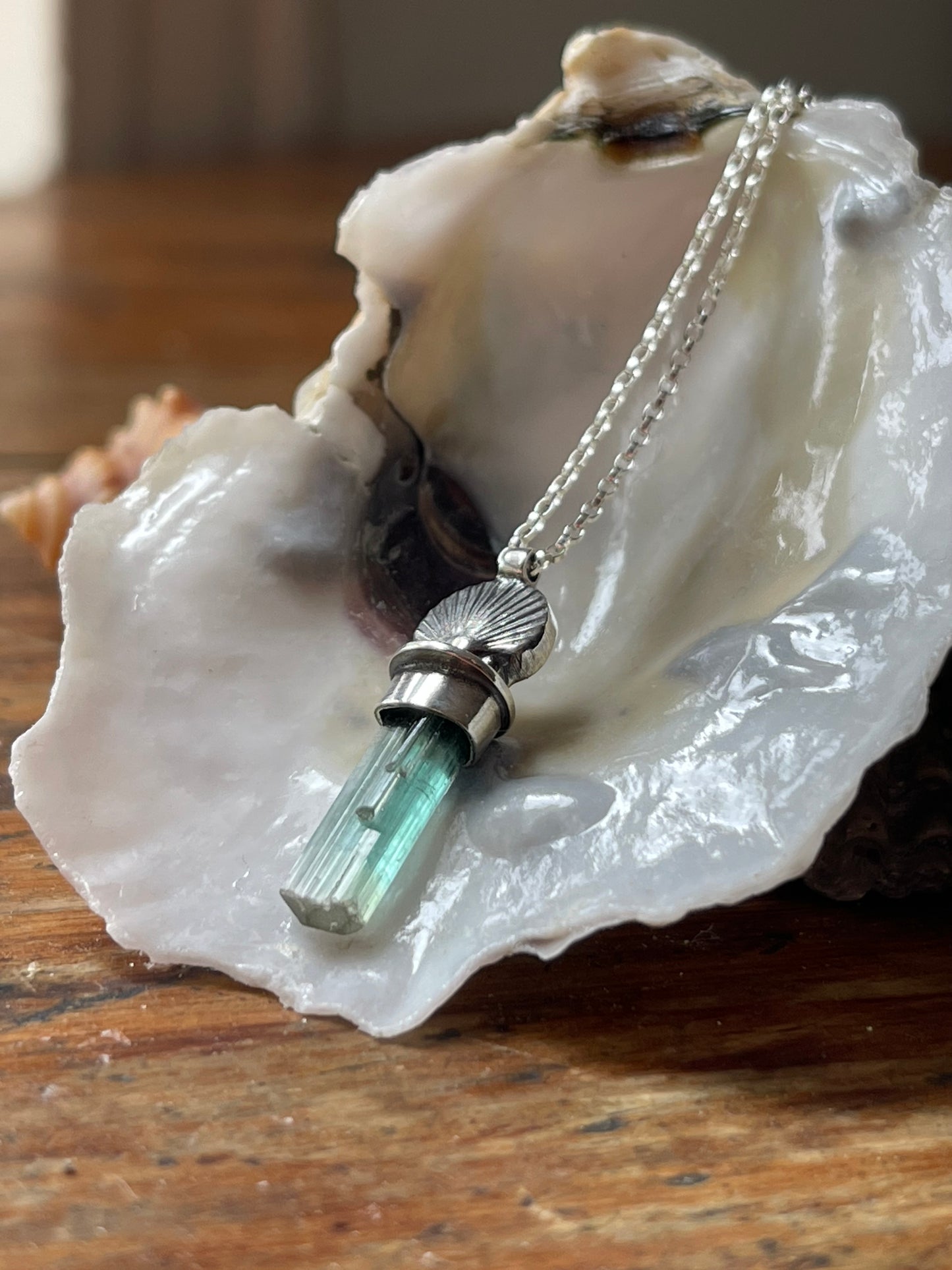 Sea Spray • Blue Watermelon Tourmaline Crystal Sea Charm Necklace