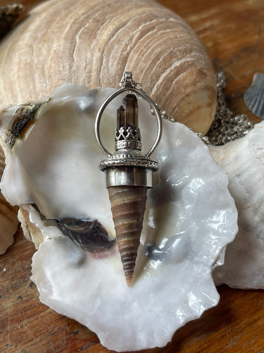 Ocean Royalty: Smokey Quartz Crystal Cone Shell Statement Necklace