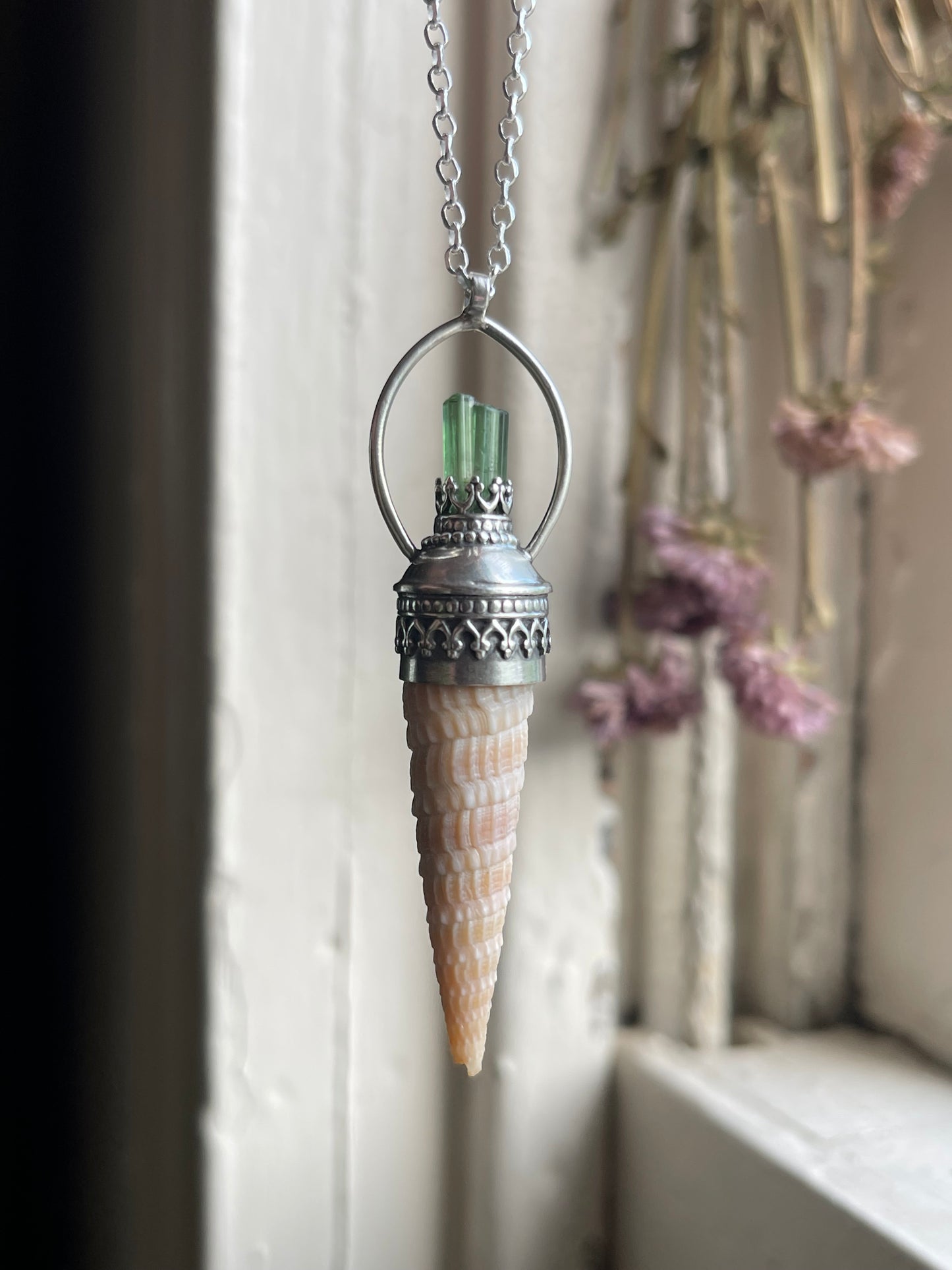 Kelly • Green Tourmaline Crystal Shell Statement Pendant Necklace